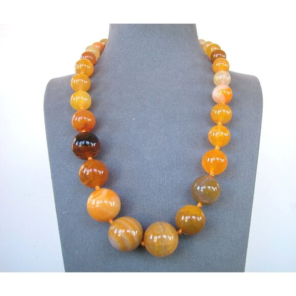 Vintage Agate Bead Necklace Orange & Brown Graduated Beads With Lobster Clasp - Picture 1 of 4